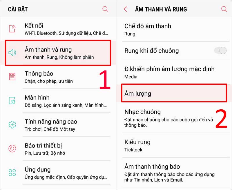 Vào cài đặt Âm lượng